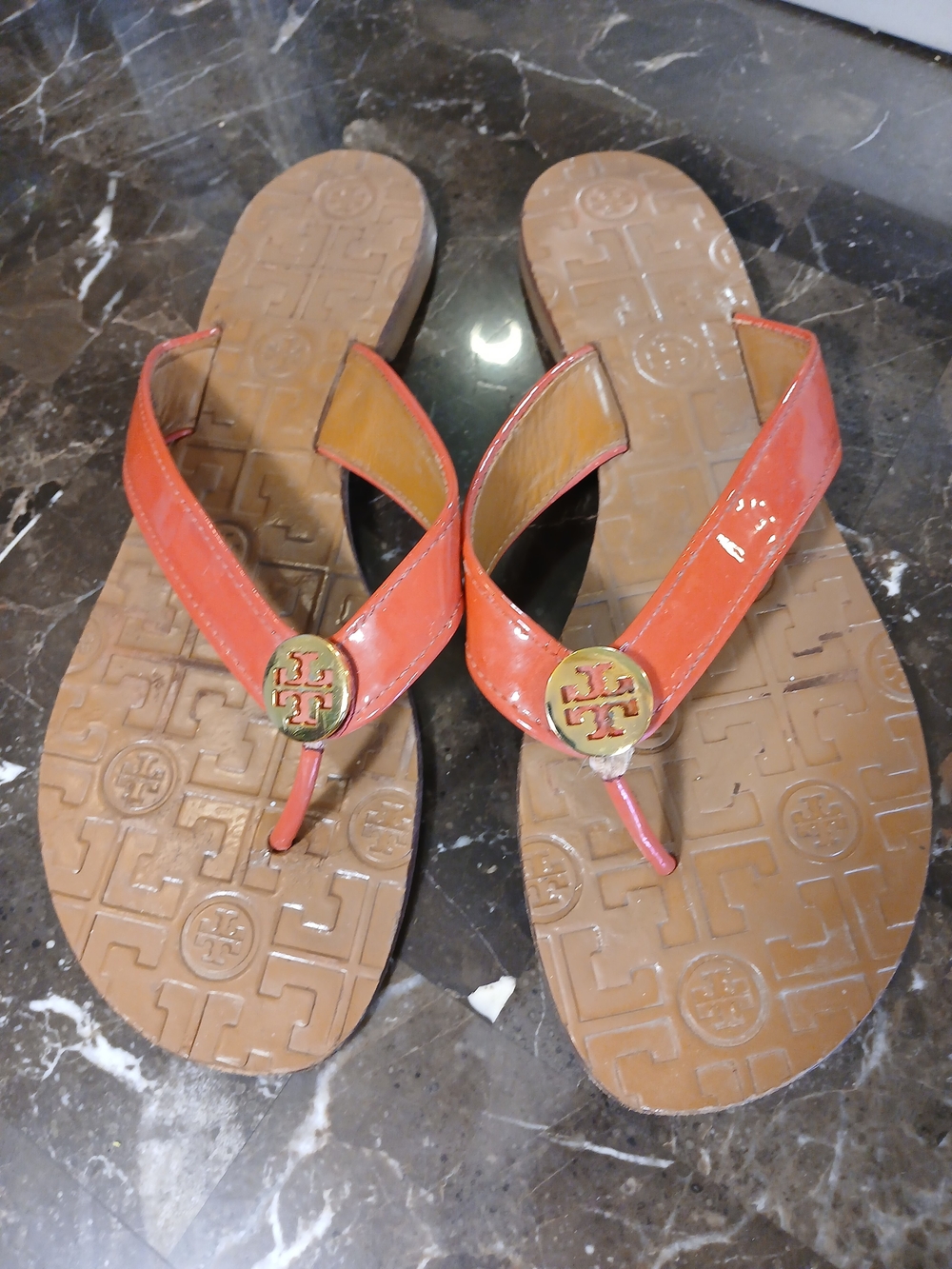 Tory Burch Thora Orange Leather Flip Flop Sandals Womens Size 9